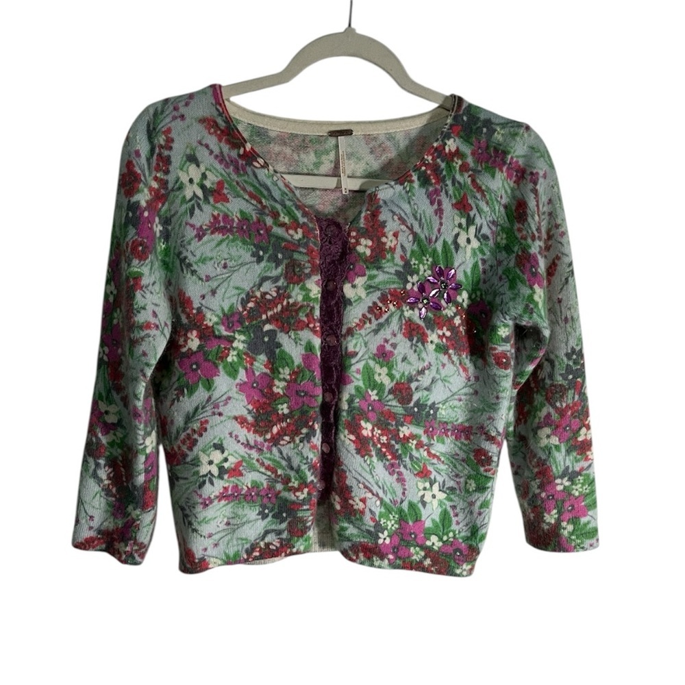 Free People Floral Cardigan with Pink and Green Accents